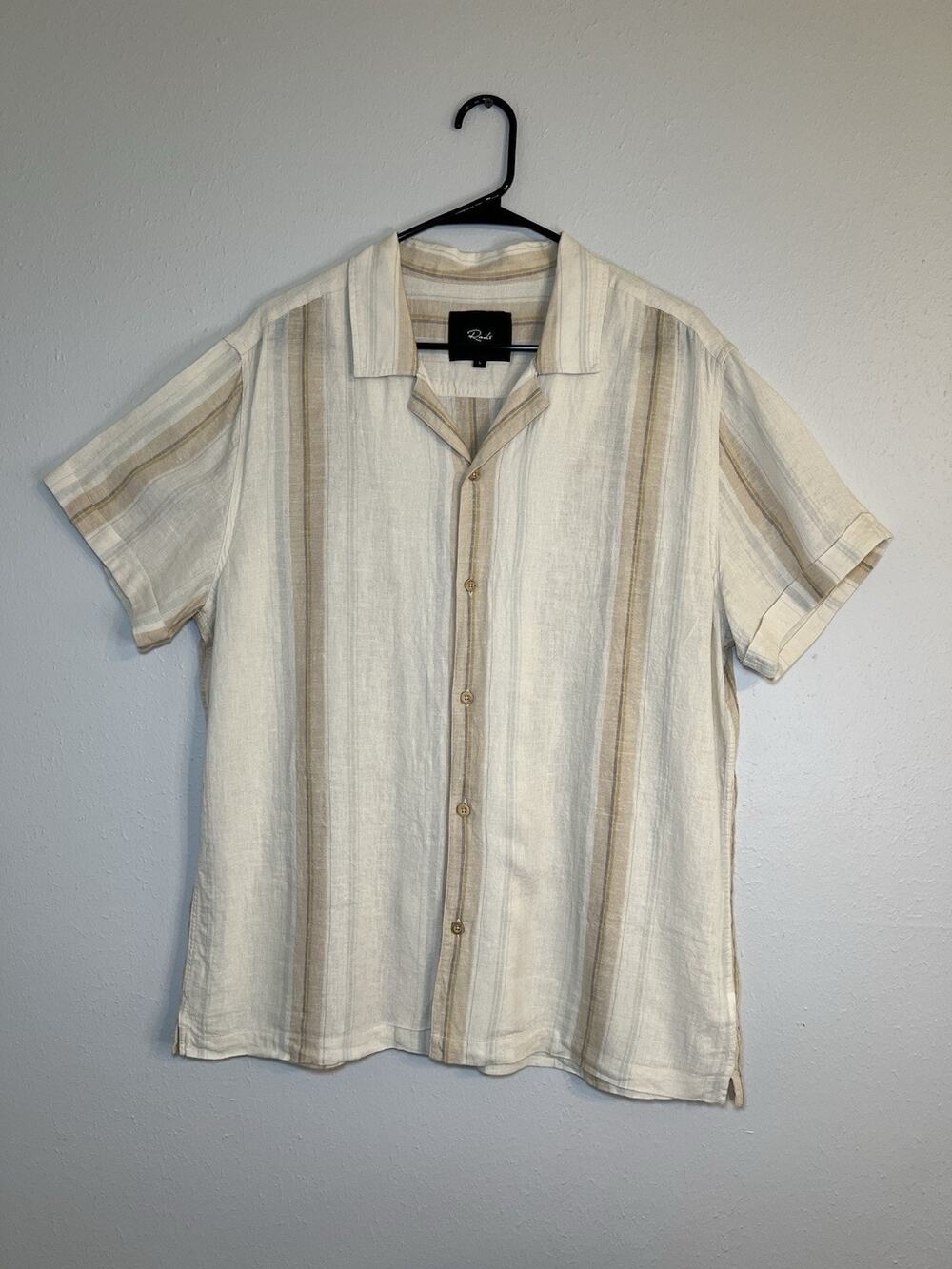 Rails Men’s Striped Linen Blend Button-Up Shirt Spread Collar Size L Beige